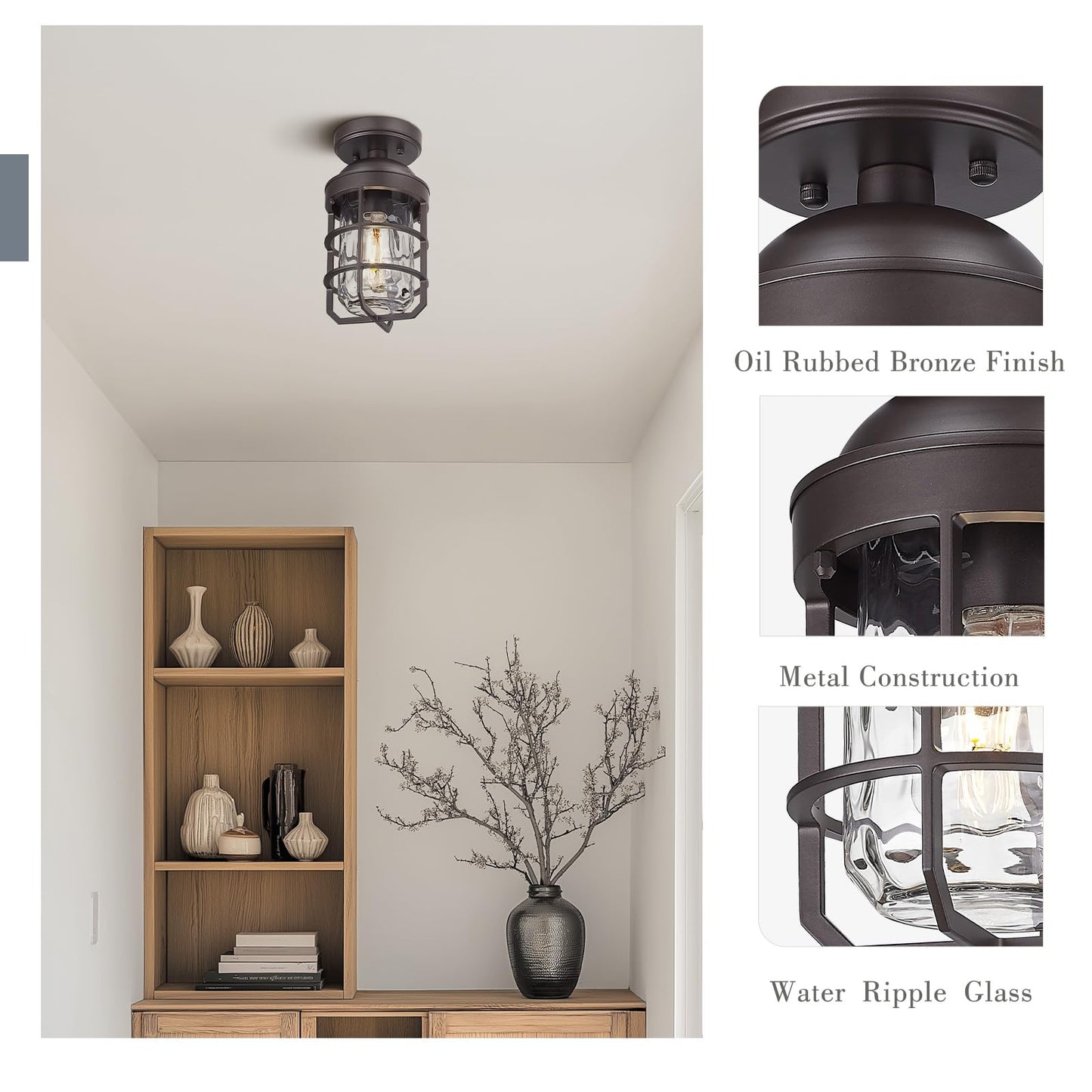 Emliviar Oil Rubbed Bronze Ceiling Light Fixture, Retro 11.1in Semi Flush with Water Ripple Glass Shade, Model GE255LF ORB-WG