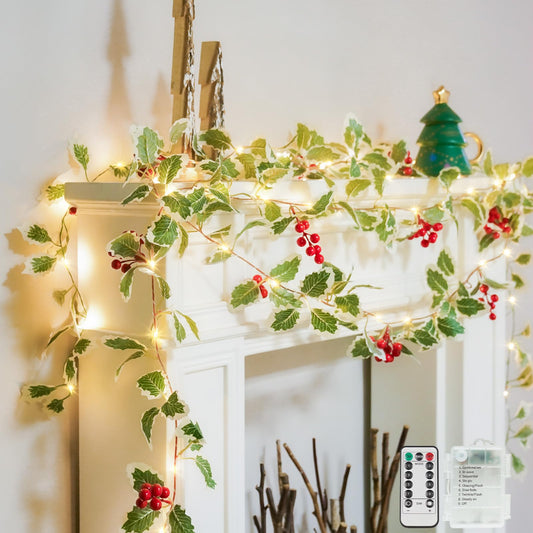 suddus 40 LED Battery Powered Christmas Fairy Lights, 12.5ft Vine String with Red Berries & Holly Leaf, Ideal for Xmas Decor