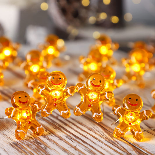 FLAVCHARM Christmas String Lights, Battery/USB Operated, Gingerbread Design, Remote Control, Light Amber