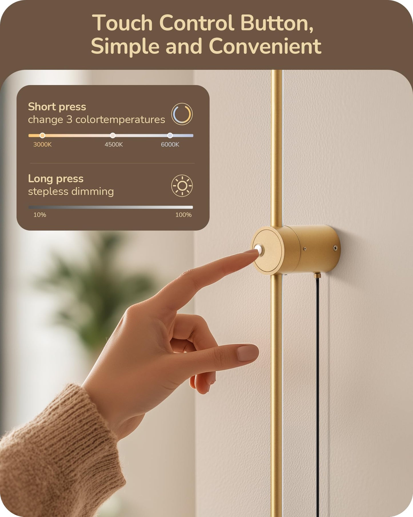 EDISHINE Wall Sconce Set of Two, Dimmable 2700K-6000K LED, 39.4in, Gold, Metal, Touch Control, Remote, 350? Rotation