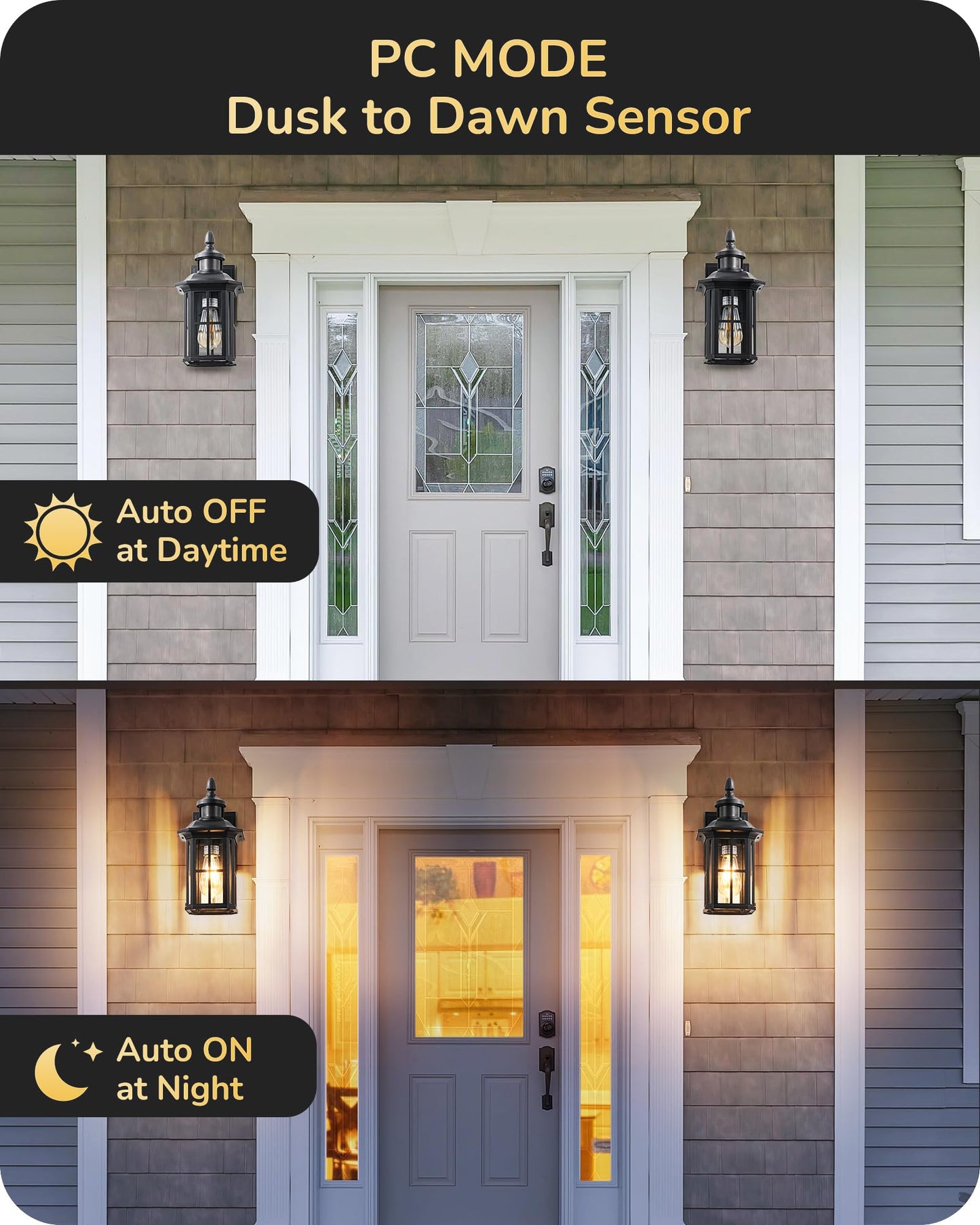 EDISHINE Motion Sensor Outdoor Wall Light Fixture, Black Aluminum Sconce, Dusk to Dawn, Model HOWL07